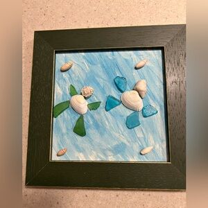Seashell Art with Green and Blue beach glass